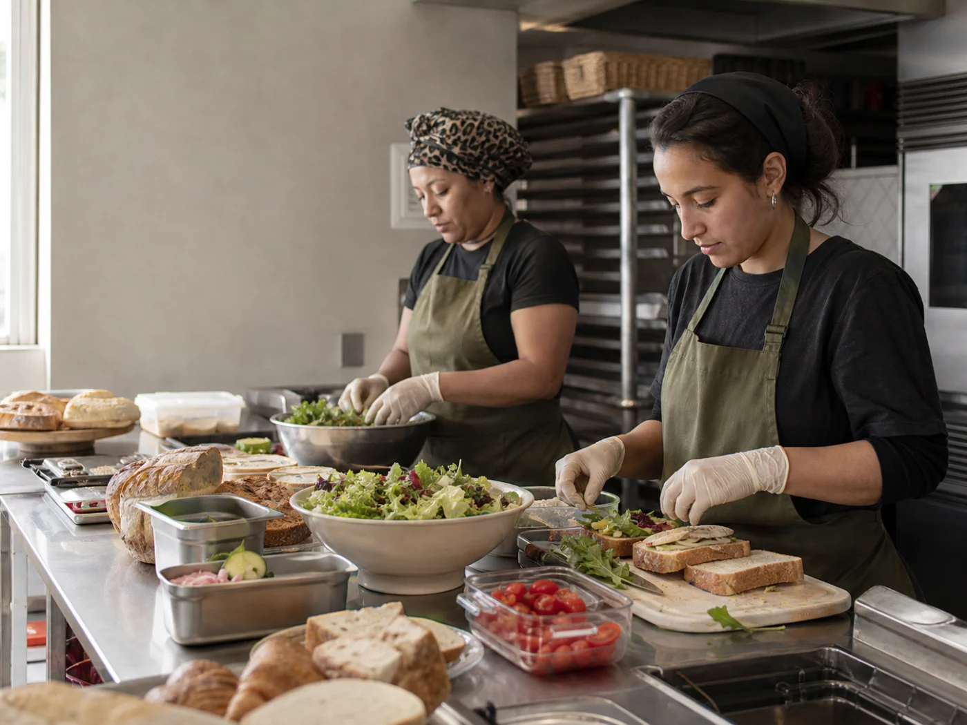 Escena editorial de un equipo preparando alimentos para una cafetería institucional
